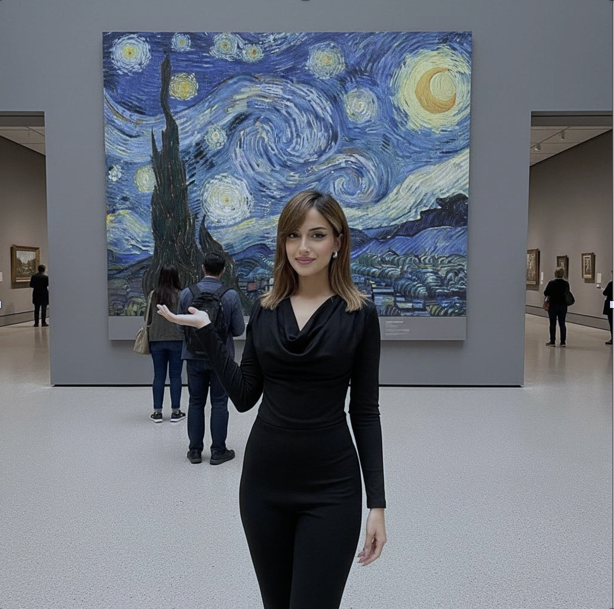 Amy Bloom standing before a suspiciously oversized Starry Night.